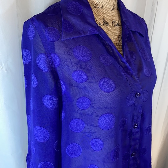 Dana Gibson Sheer Retro Blue Polka Dot Button Down Top M - Picture 5 of 12